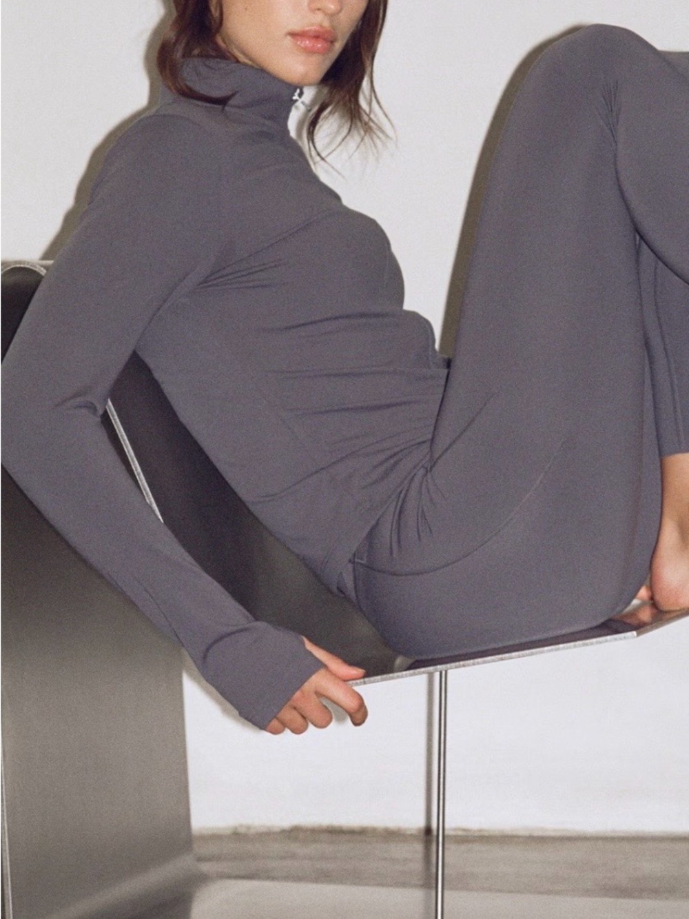 Fitted Gray Zip-High Neck and Leggings Set